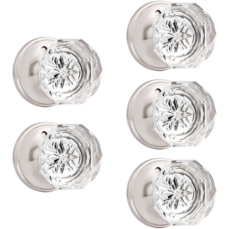 Orger 5 Pack Privacy Door Knobs  Clear Glass Door Handles with Satin Nickel Finish  Crystal Interior Door Handles for Bed/Bathroom  Zinc Alloy Round Rosette - Image 1